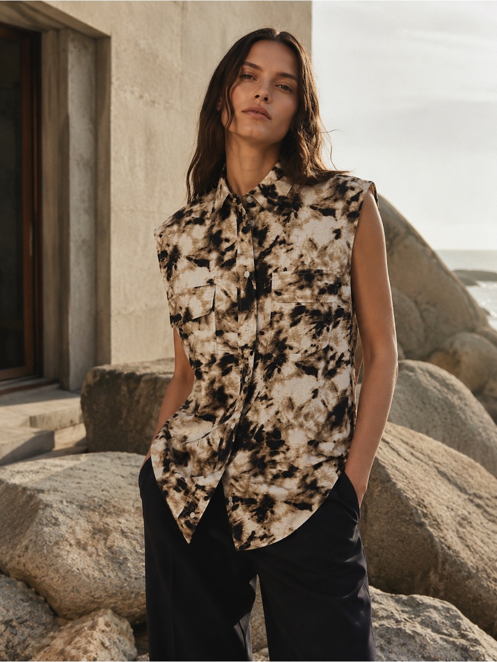 SAMSOE SAMSOE Quiet Luxury Danish Clay Camo Overside Button Front Shirt, S
